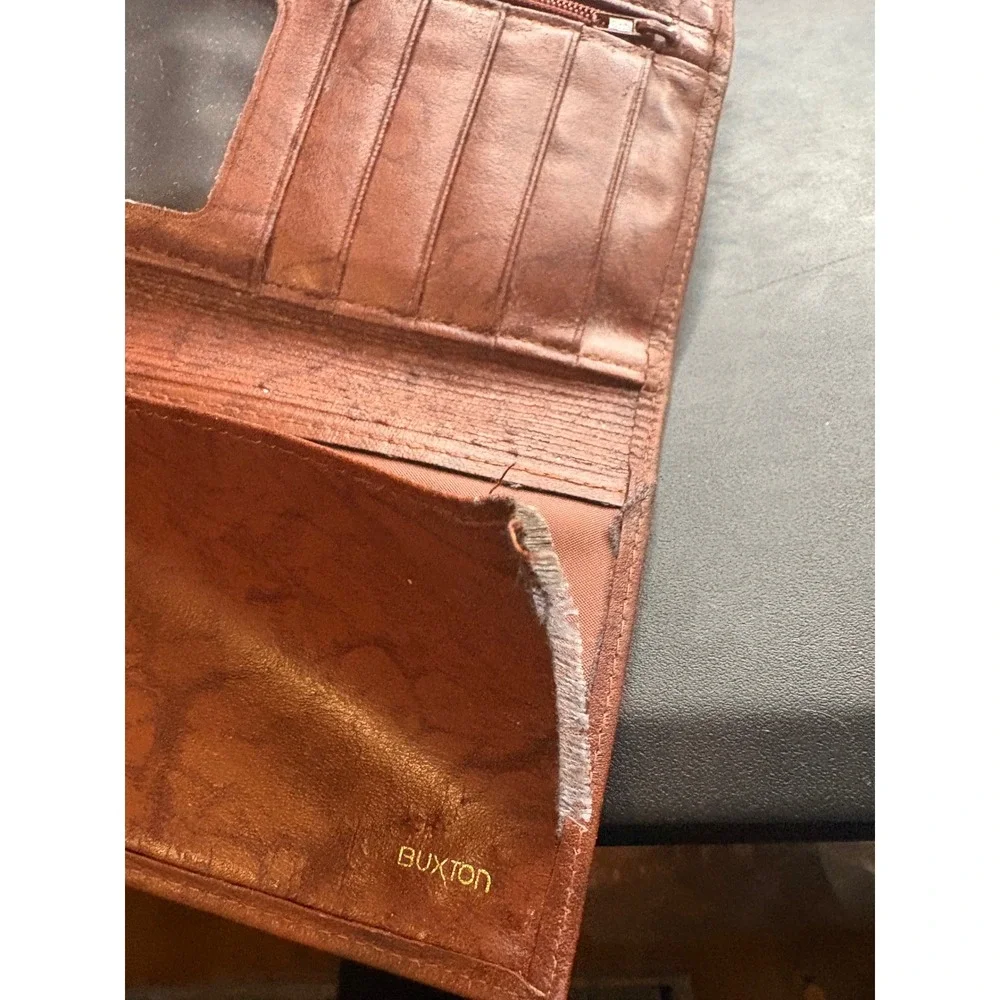 Vintage Buxton Brown Top Grain Cowhide Leather Trifold Clutch Wallet Kiss Lock